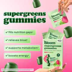 Bloom Nutrition paquetes individuales apilados para llevar y control de dosis