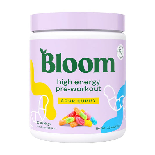 Bloom Nutrition bote frontal Sour Gummy mostrando diseño y porciones