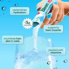 Bloom Nutrition bebida preparada en vaso, hidratación instantánea y refrescante