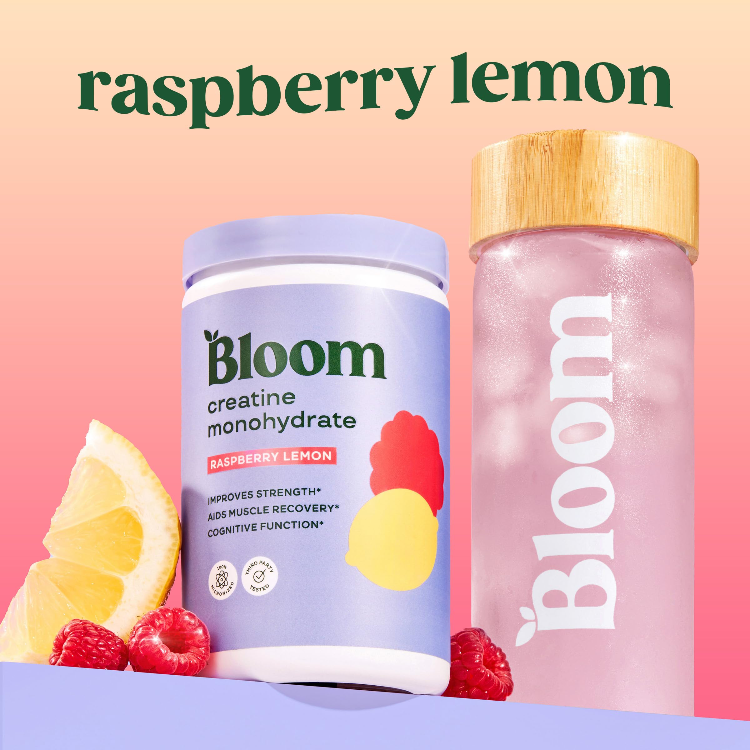 Bloom Nutrition polvo micronizado close-up que facilita disolución rápida