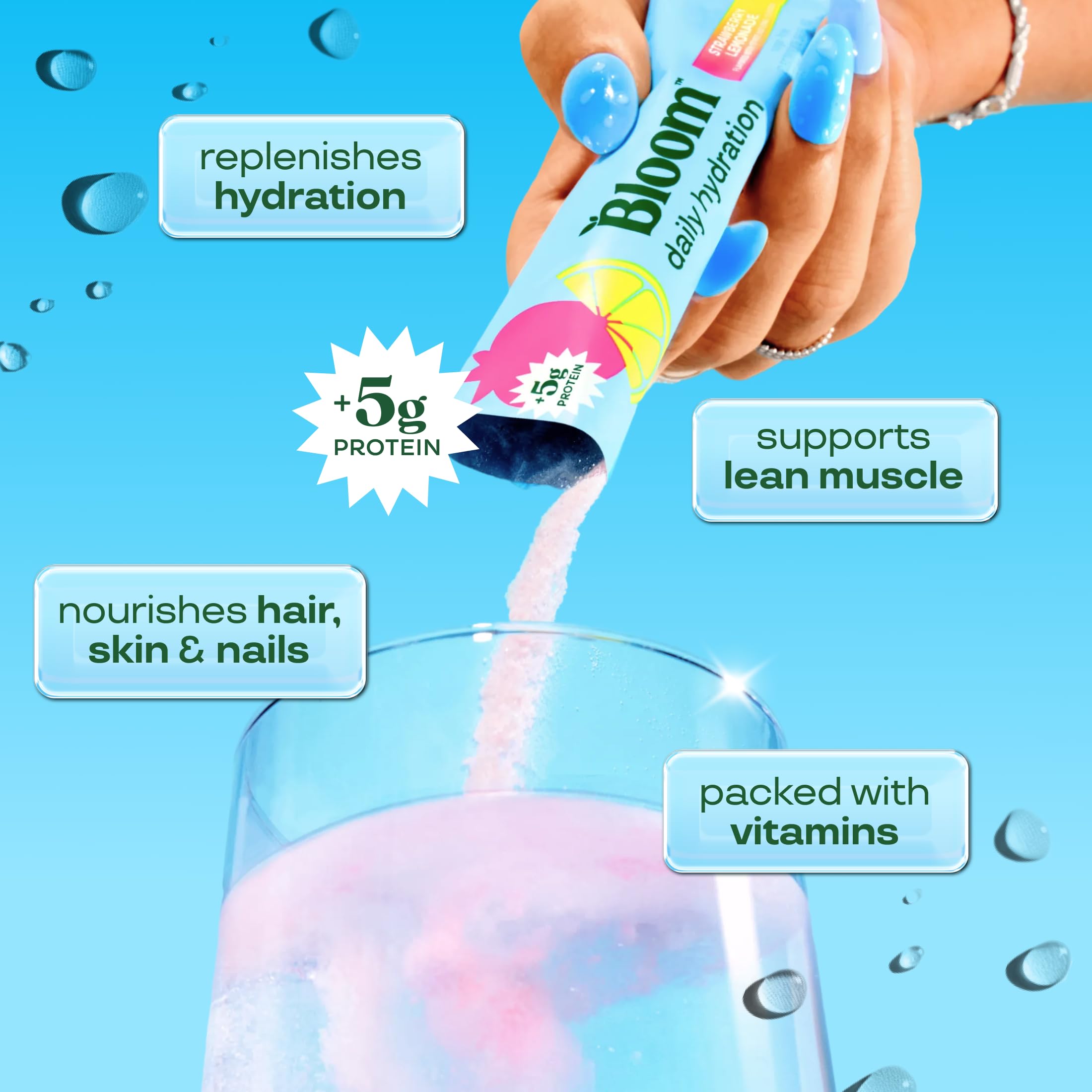 Bloom Nutrition polvo en primer plano mostrando textura fina y mezcla sin grumos
