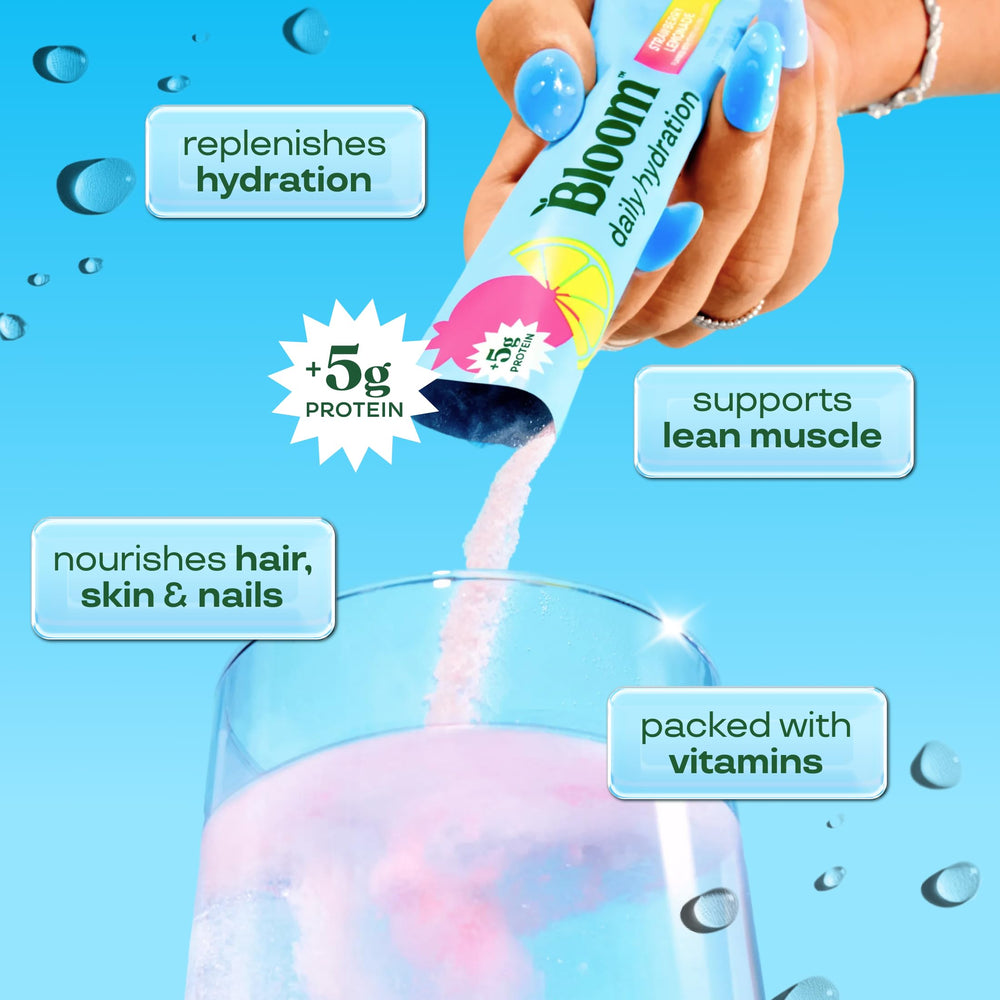 Bloom Nutrition polvo en primer plano mostrando textura fina y mezcla sin grumos
