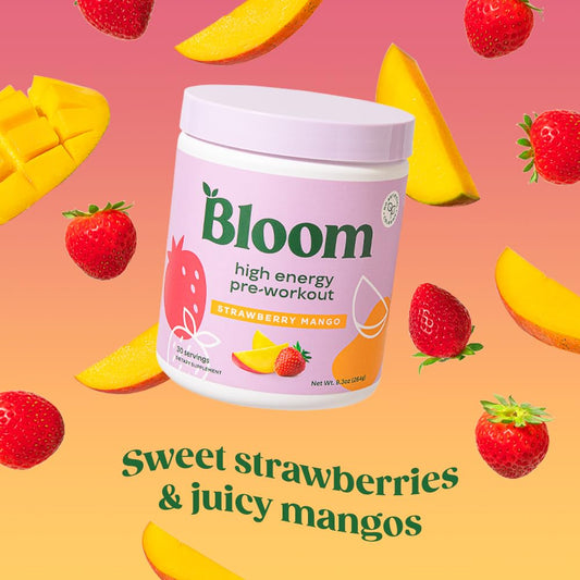 Bloom Nutrition polvo en primer plano, textura fina que facilita mezcla rápida