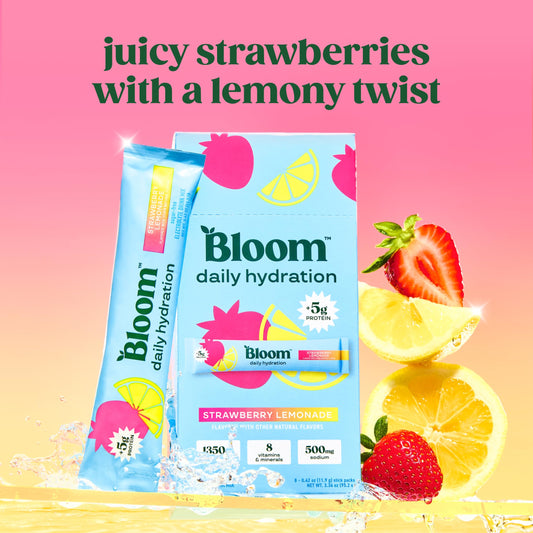 Bloom Nutrition sobre individual listo para llevar y preparar hidratación instantánea
