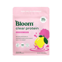 Bloom Whey Clear frente mostrando botella y sabor frambuesa-limonada, refrescante inmediato