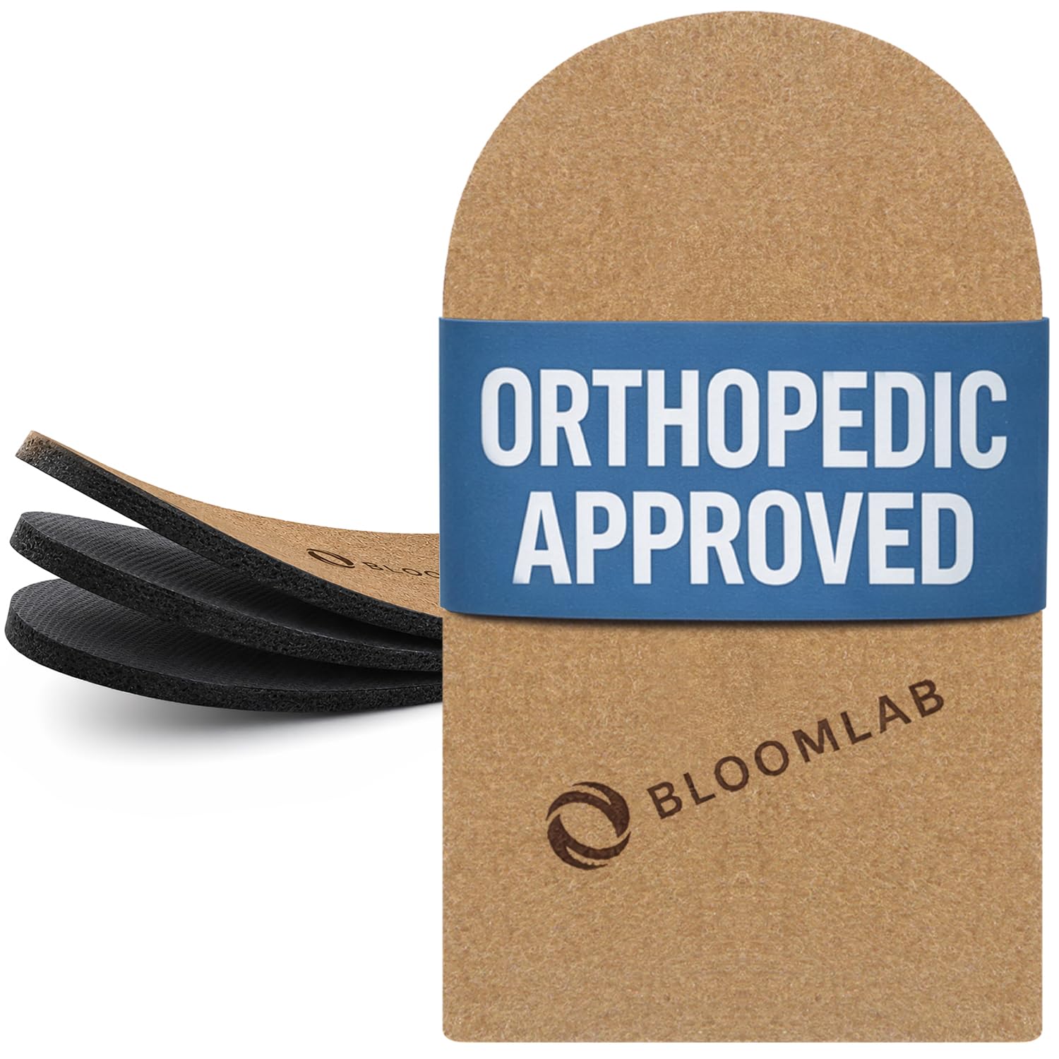BloomLab elevación talón frontal mostrando perfil y altura ajustable, confort inmediato