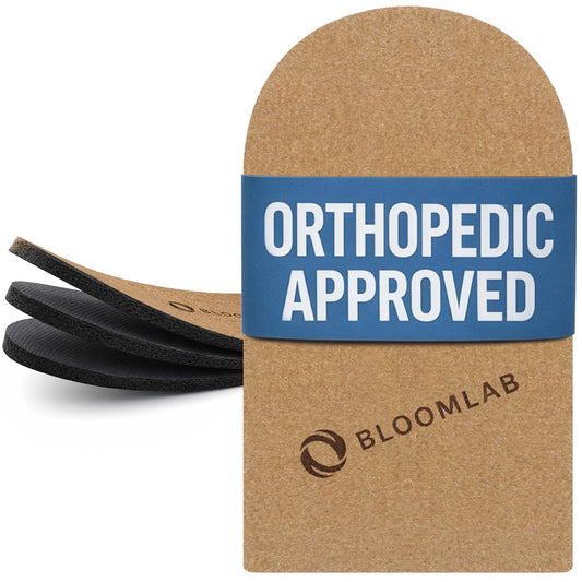 BloomLab elevación talón frontal mostrando perfil y altura ajustable, confort inmediato