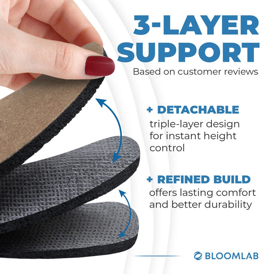 BloomLab elevación talón vista lateral en zapato, estabilidad y alineación mejorada