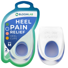 BloomLab frente del empaque mostrando dos copas para talón y beneficio de alivio
