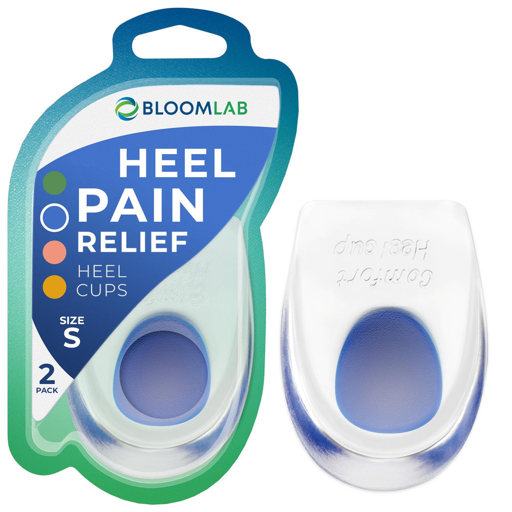 BloomLab pack de 2 gel heel cups mostrando embalaje y contenido, alivio inmediato