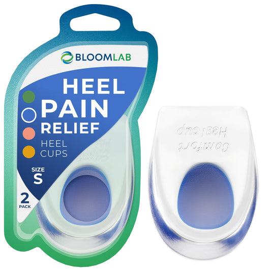 BloomLab pack de 2 gel heel cups mostrando embalaje y contenido, alivio inmediato