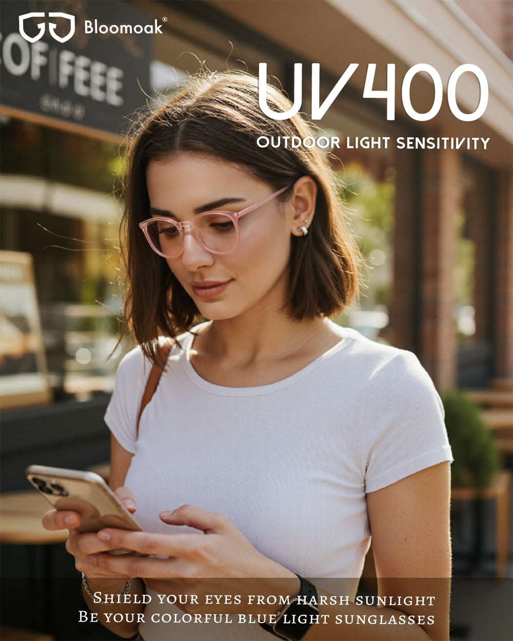 Bloomoak gafas en persona en oficina, reducen fatiga frente a pantallas
