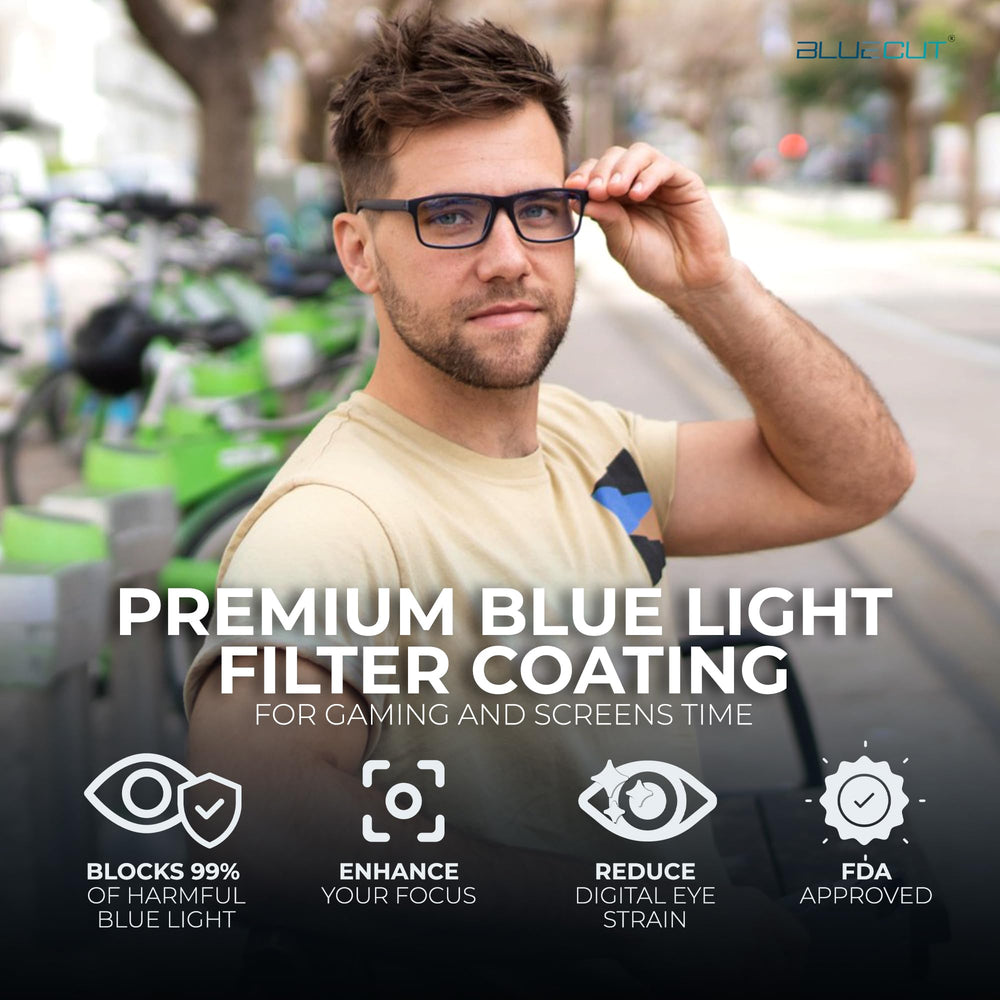 BLUE CUT primer plano del tratamiento de la lente que filtra luz azul