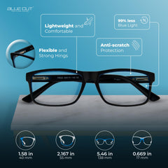 BLUE CUT gafas en uso frente a un monitor mostrando mayor confort visual