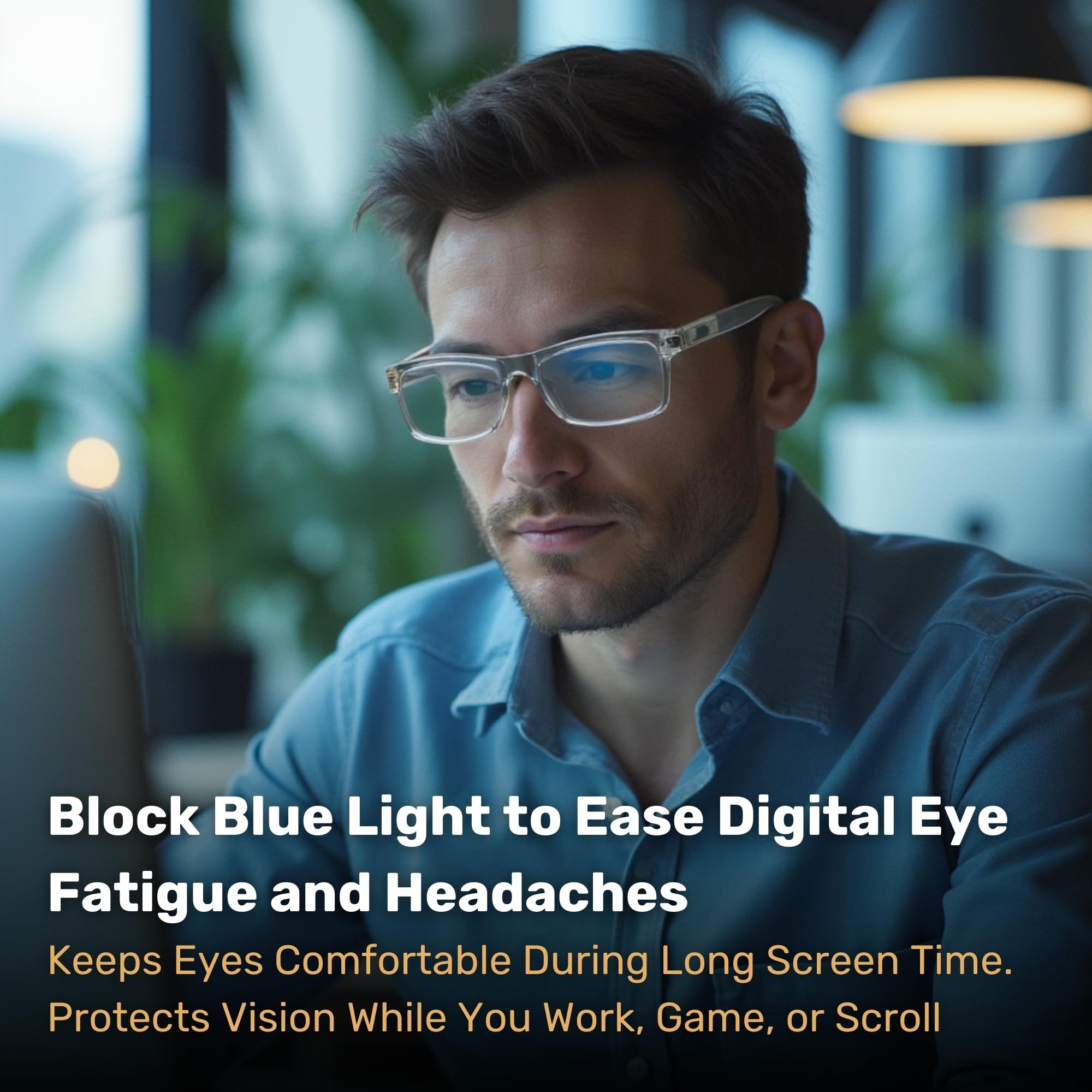 BLUE CUT gafas puestas frente a un monitor mejorando confort visual