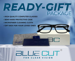 BLUE CUT gafas en un escritorio moderno con teclado y auriculares para gaming