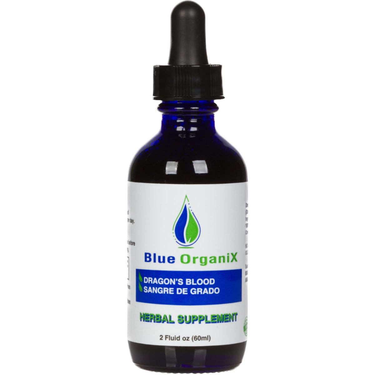 Blue Organix frasco frontal 2 oz mostrando envase de vidrio y pureza