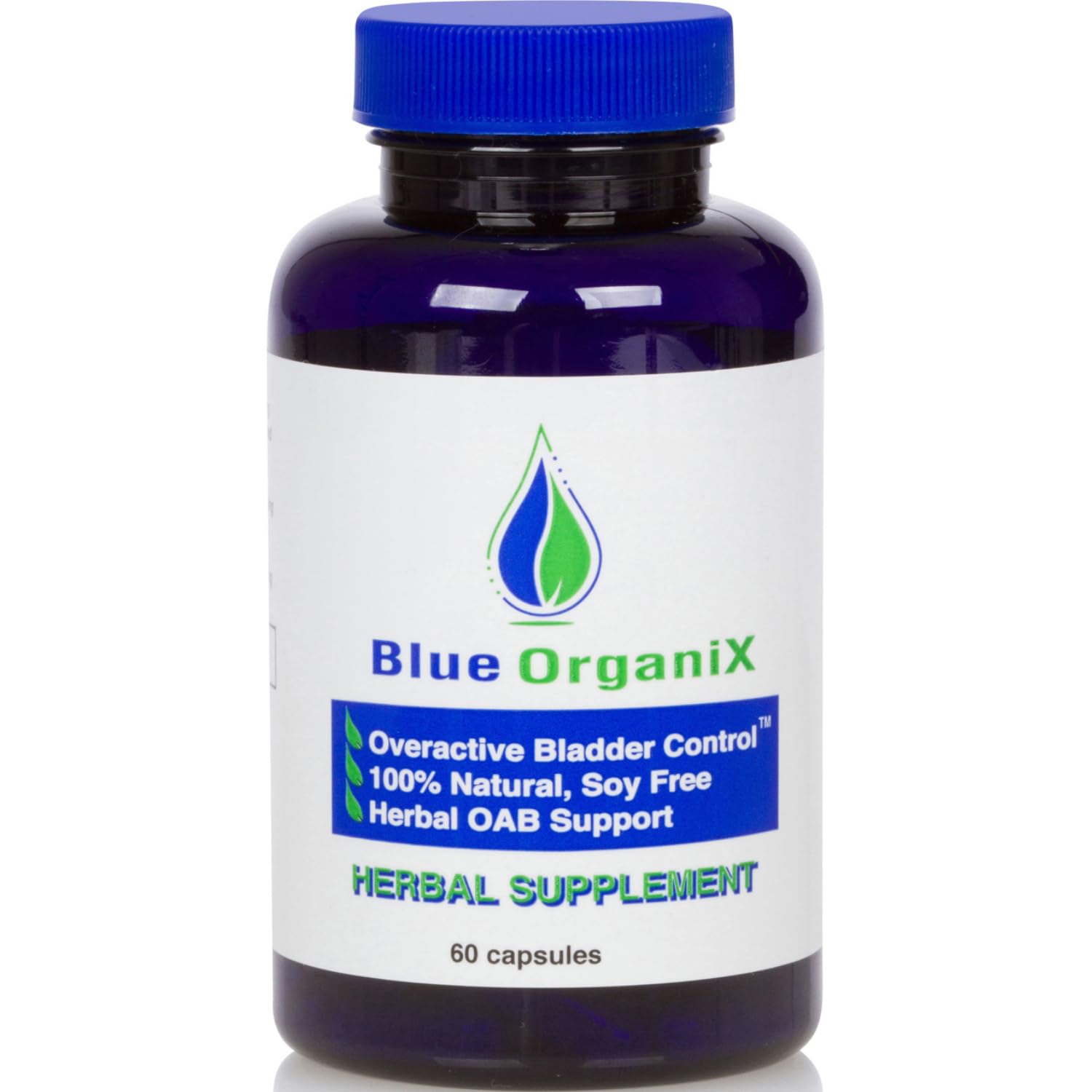 Blue Organix frasco frontal mostrando 60 cápsulas y etiqueta clara para soporte urinario