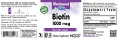 Bluebonnet Biotina 1000 mcg, uso diario, piel y uñas más sanas con una dieta equilibrada.