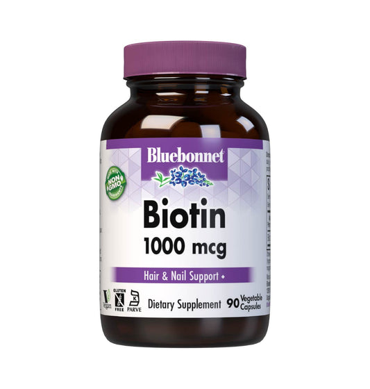Bluebonnet Biotina 1000 mcg, cápsulas vegetales, apoyo al cabello saludable y uñas fuertes.