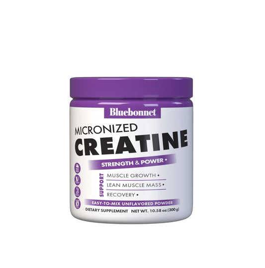 BlueBonnet envase frontal mostrando creatina micronizada y beneficio de dosificación clara