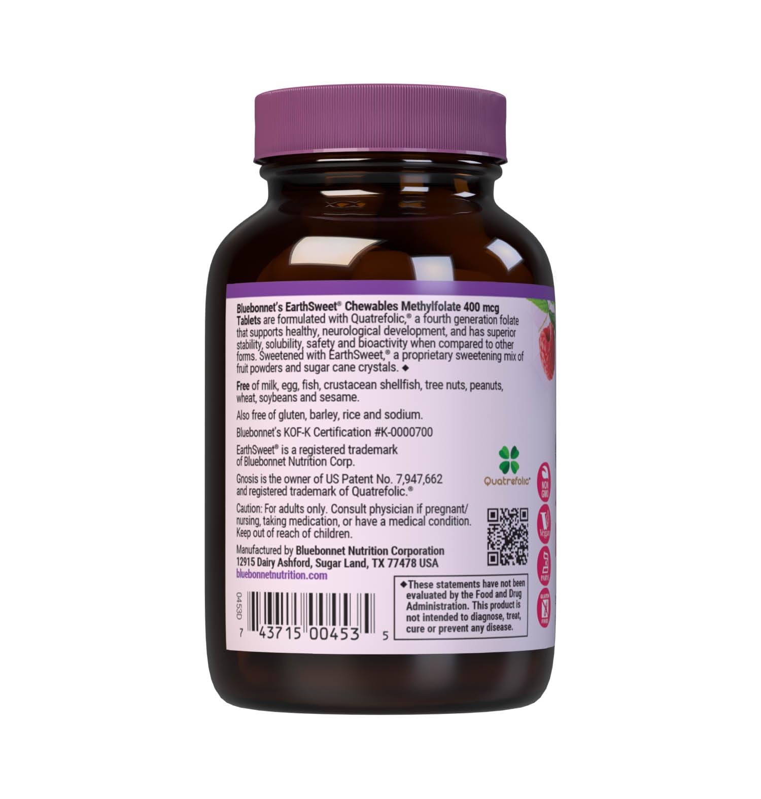 BlueBonnet etiqueta con información nutricional y patente QuatreFolic visible, beneficio transparencia de ingredientes