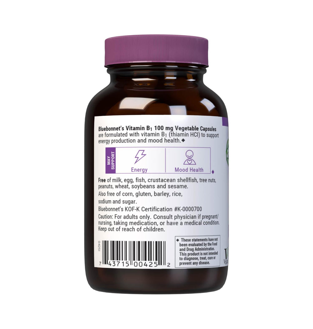 Etiqueta BlueBonnet con ingredientes y declaración de 100 mg de tiamina por cápsula
