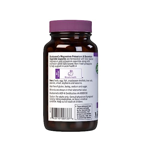 BlueBonnet etiqueta: fórmula de magnesio, potasio y bromelina para salud muscular.