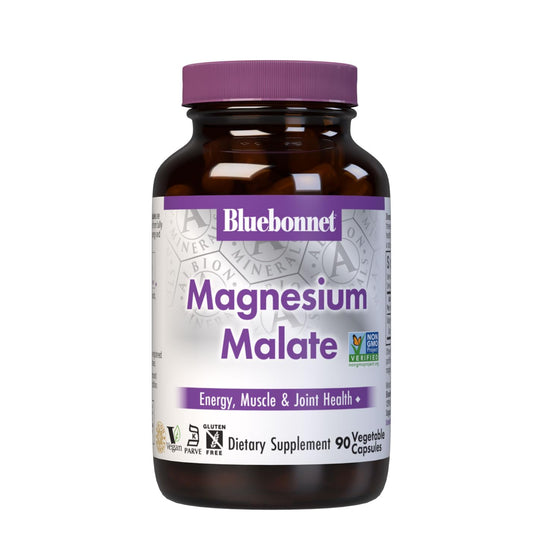 BlueBonnet frasco ámbar de Magnesium Malate mostrando conservación y protección