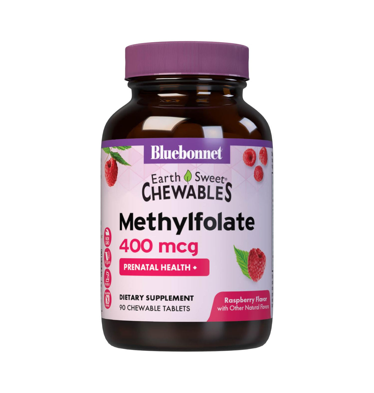 BlueBonnet frasco frontal de EarthSweet Methylfolate mostrando 90 tabletas y etiqueta legible, beneficio conveniencia