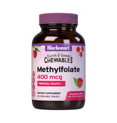 BlueBonnet frasco frontal de EarthSweet Methylfolate mostrando 90 tabletas y etiqueta legible, beneficio conveniencia