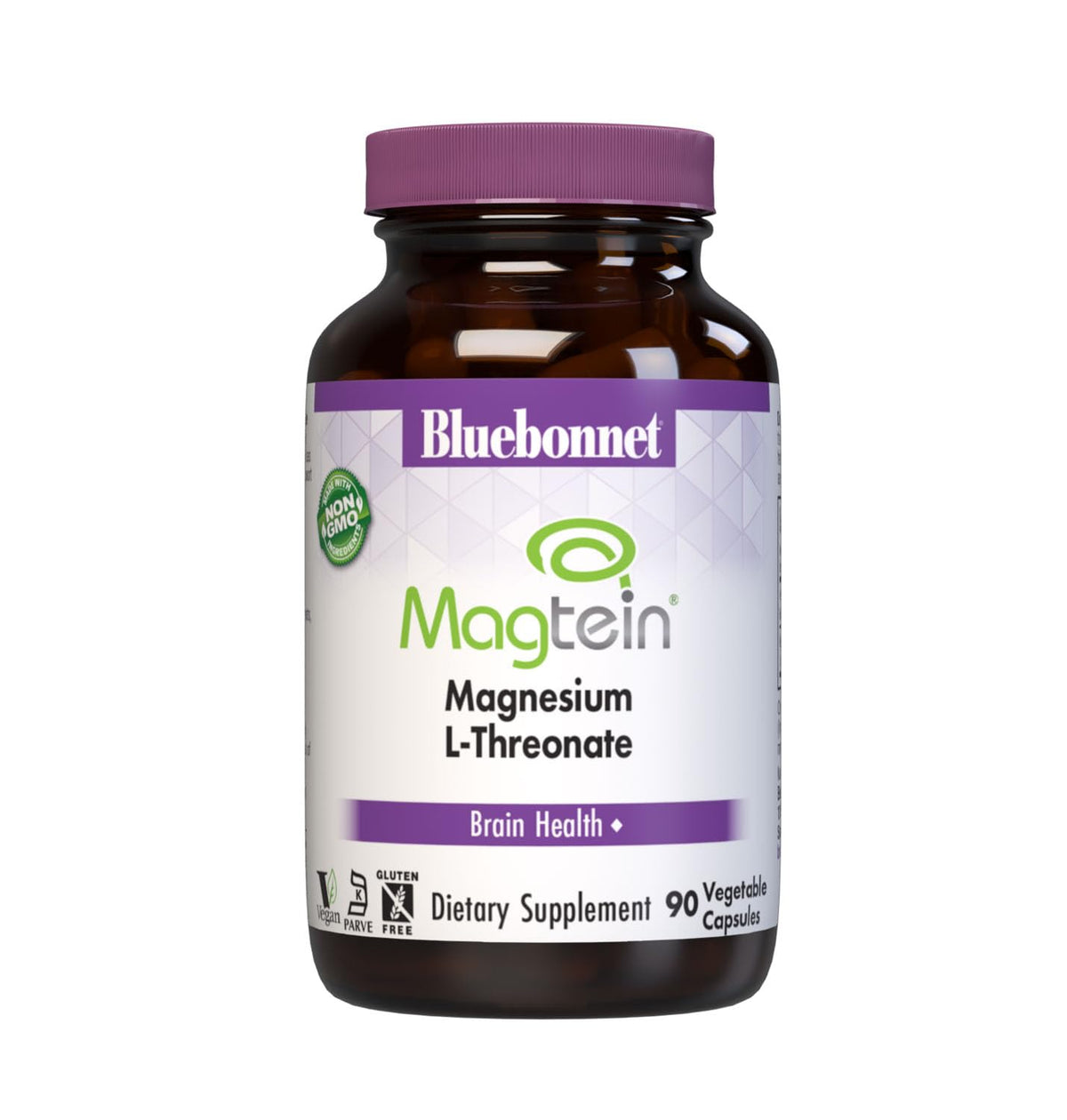BlueBonnet frasco frontal Magtein mostrando etiqueta y beneficio de absorción