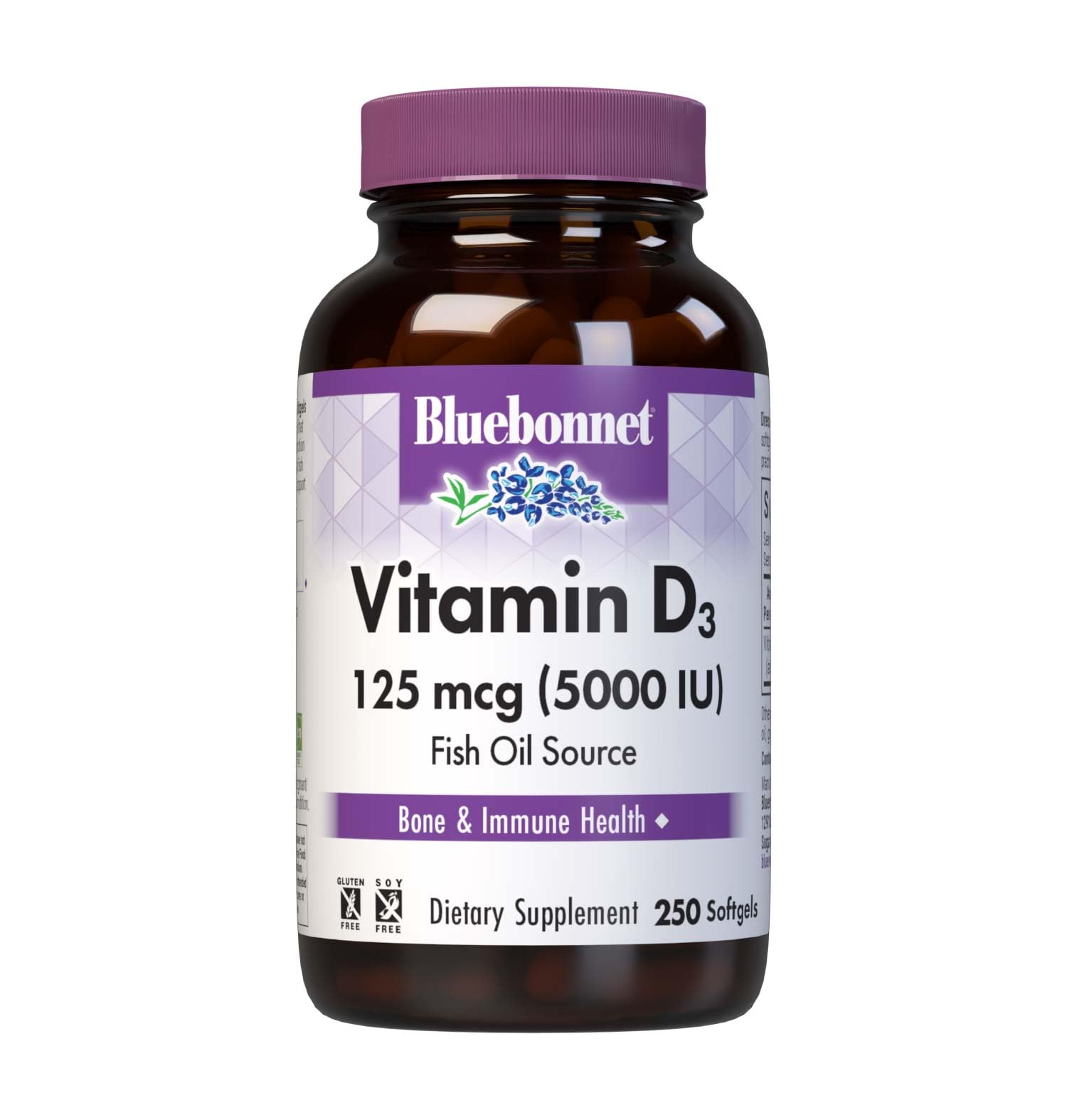 BlueBonnet frasco frontal de Vitamin D3 5000 IU mostrando etiqueta clara y cantidad