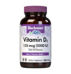 BlueBonnet frasco frontal de Vitamin D3 5000 IU mostrando etiqueta clara y cantidad