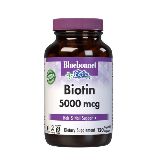 Bluebonnet envase frontal Biotin 5000 mcg muestra etiqueta clara y beneficios