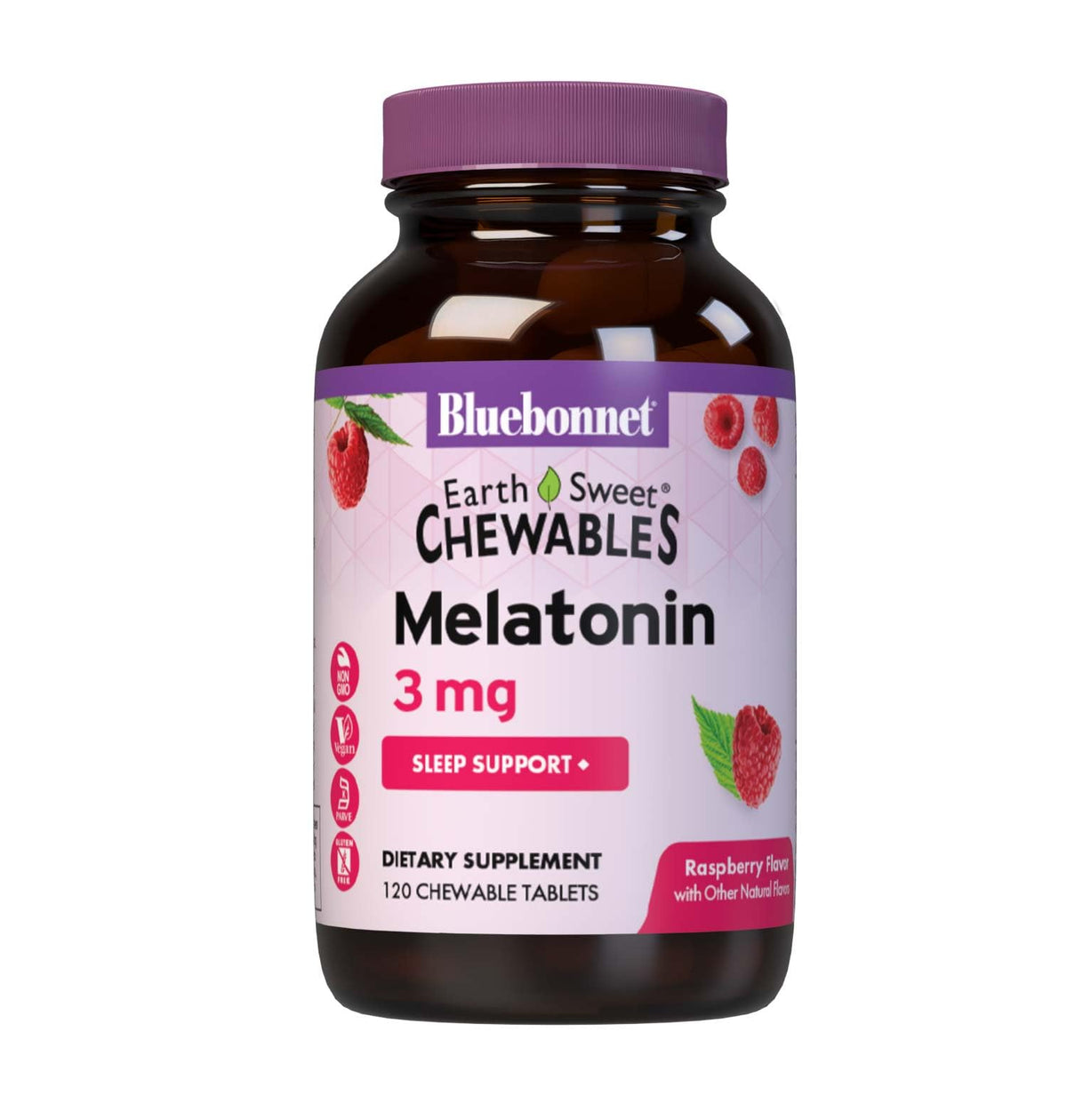 Bluebonnet envase frontal EarthSweet Melatonin 3 mg, presentación de 120 tabletas, fácil uso