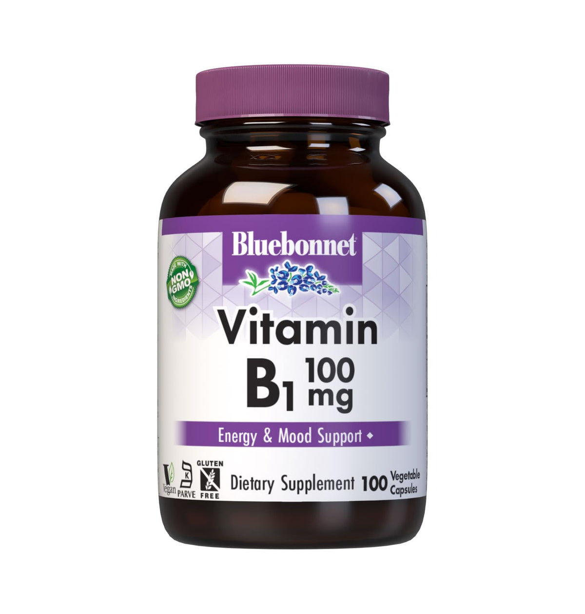 BlueBonnet envase frontal vitamina B1 mostrando información clara de 100 cápsulas y vegan
