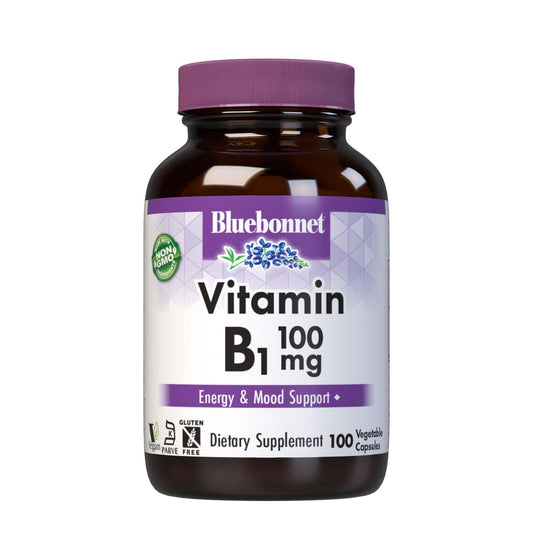 BlueBonnet envase frontal vitamina B1 mostrando información clara de 100 cápsulas y vegan