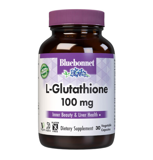 Bluebonnet L-glutatión 100 mg, frasco frontal con cápsulas vegetales para apoyo antioxidante.