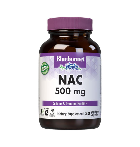 BlueBonnet NAC 500 mg cápsulas vegetales en botella para uso diario.