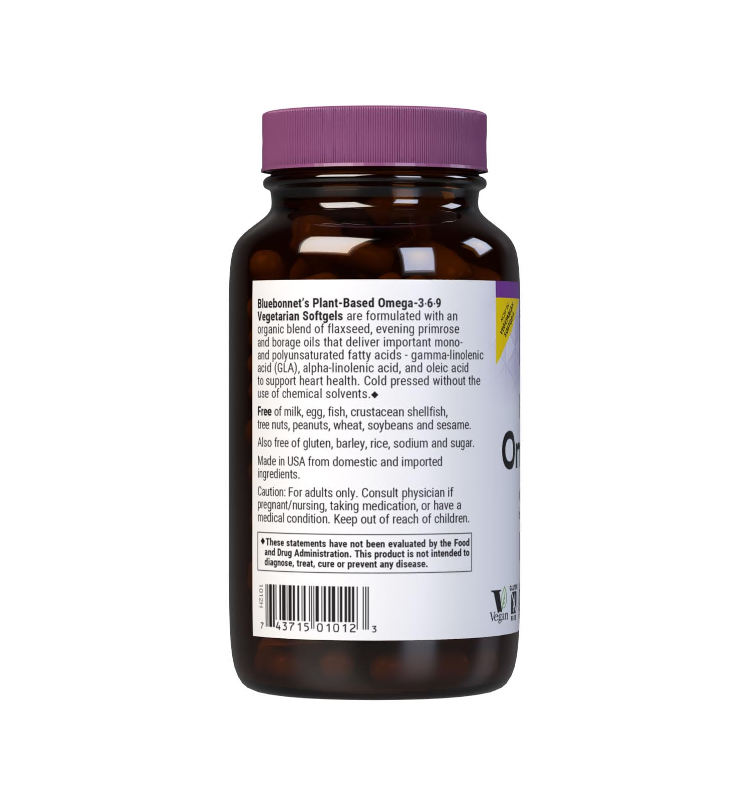 BlueBonnet Omega 3-6-9, etiqueta clara para identificar beneficios y uso.