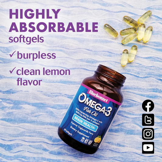 BlueBonnet Omega-3 cápsulas en primer plano para toma diaria.