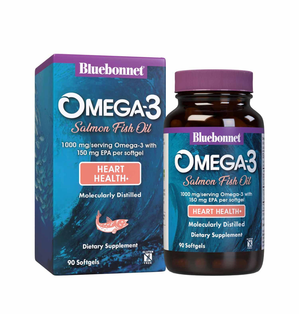 BlueBonnet Omega-3 Salmón cápsulas frente al envase, apoyo a la salud del corazón.