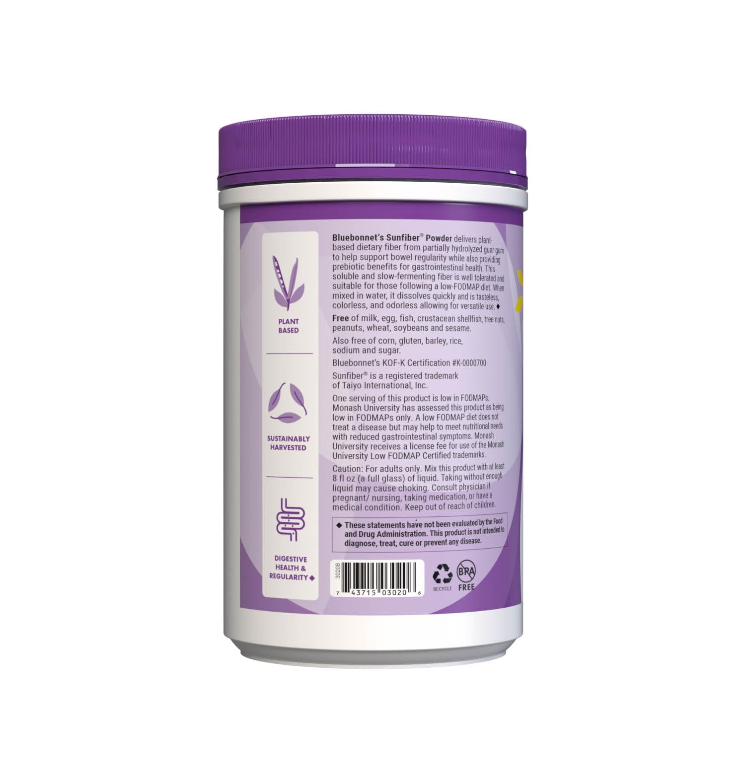 BlueBonnet Sunfiber en cocina con bebida y frutas, integración en estilo de vida saludable