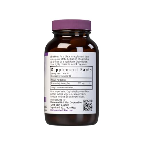 BlueBonnet bromelina, etiqueta del producto destacando ingredientes vegetales y pureza.
