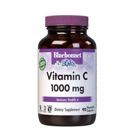 Bluebonnet Vitamin C 1000 mg cápsulas vegetales, fáciles de tragar para uso diario.