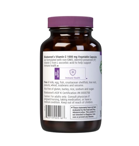 Bluebonnet Vitamin C 1000 mg etiqueta destaca IP y pureza de la fórmula.
