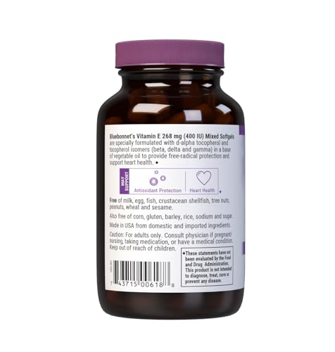 Bluebonnet Vitamina E 400 UI, botella de cápsulas para consumo cómodo