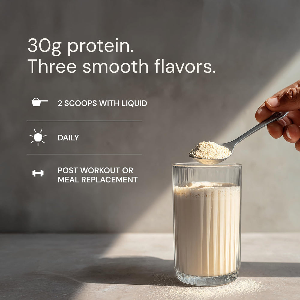Blueprint Bryan Johnson etiqueta nutricional destacando 30 g de proteína por porción