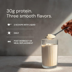 Blueprint Bryan Johnson etiqueta nutricional destacando 30 g de proteína por porción